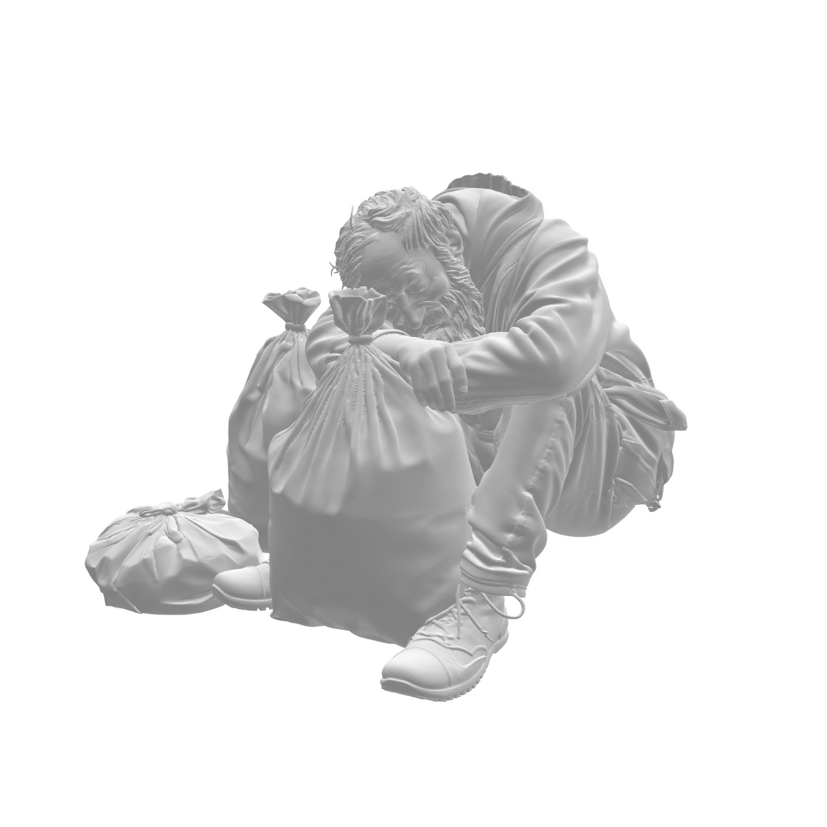 Sans abri avec sacs poubelles
